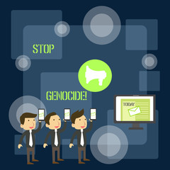 Handwriting text writing Stop Genocide. Conceptual photo to put an end on the killings and atrocities of showing SMS Email Marketing Media Audience Attraction Personal Computer Loudspeaker