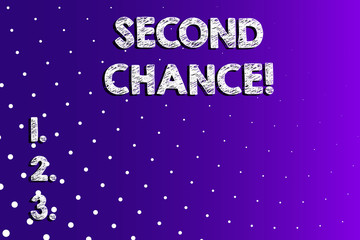 Text sign showing Second Chance. Business photo showcasing opportunity to try something again after failing one time Lilac Violet Background White Polka Dots Scattered in Linear Perspective