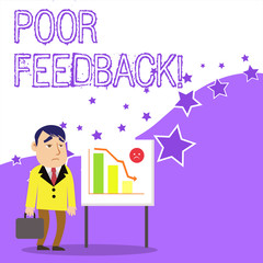 Text sign showing Poor Feedback. Business photo showcasing A response or reaction that causes a decrease in function Businessman Clerk with Brief Case Standing Whiteboard Declining Bar Chart