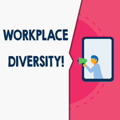 Word writing text Workplace Diversity. Business photo showcasing environment that accepts each individual s is differences Man stands in window hold loudspeaker speaking trumpet without listener