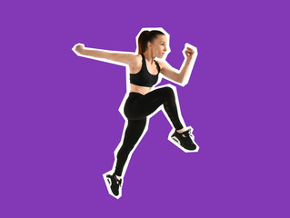 Sporty jumping woman on white background