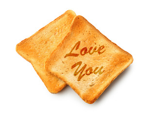 Slices of toasted bread on white background