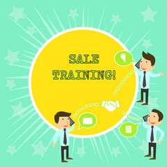 Text sign showing Sale Training. Business photo showcasing Development of selfskills related to new sales opportunity Businessmen Coworkers Conference Call Conversation Discussion Mobile Phones