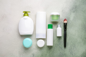 Set of cosmetic products on color background