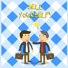 Obraz premium Handwriting text Sell Yourself. Conceptual photo to make yourself seem impressive or notable to other showing Two White Businessmen Colleagues with Brief Cases Sharing Idea Solution