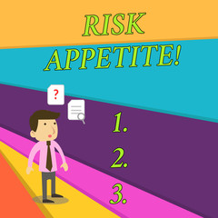 Handwriting text Risk Appetite. Conceptual photo the level of risk an organization is prepared to accept Young Male Businessman Office Worker Standing Searching Problem Solution