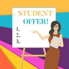 Word writing text Student Offer. Business photo showcasing a reduction in the usual price of something for students White Female in Glasses Standing by Blank Whiteboard on Stand Presentation