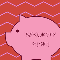 Word writing text Security Risk. Business photo showcasing possesses a possible threat to the security of something Fat huge pink pig plump like piggy bank with sharp ear and small round eye