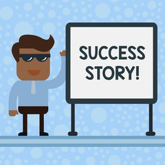 Conceptual hand writing showing Success Story. Concept meaning someone or something that has attain a goal Successful demonstrating Office Worker Sunglass Blank Whiteboard Meeting Presentation