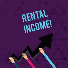 Writing note showing Rental Income. Business concept for amount of money collected by a landlord from a tenant Hands Holding Zigzag Lightning Arrow Pointing and Going Up