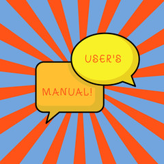 Conceptual hand writing showing User S Is Manual. Concept meaning Contains all essential information of the product Pair of Overlapping Bubbles of Oval and Rectangular Shape