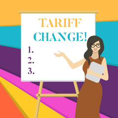 Word writing text Tariff Change. Business photo showcasing Changes on tax imposed on imported goods and services White Female in Glasses Standing by Blank Whiteboard on Stand Presentation