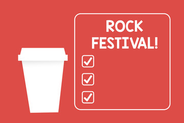 Word writing text Rock Festival. Business photo showcasing Largescale rock music concert featuring heavy metals genre Blank Coffee Tea Paper Cup in White Empty Square Frame Copy Space in Red
