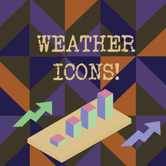 Handwriting text writing Weather Icons. Conceptual photo Plotted on a synoptic chart used for weather forecasting Colorful Clustered 3D Bar Chart Graph Diagram in Perspective with Two Arrows