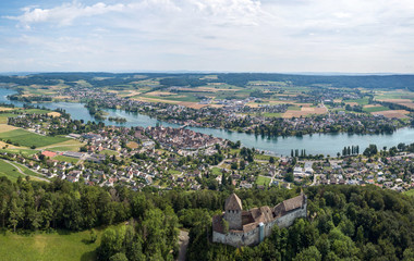 Obraz premium Stein am Rhine, Switzerland - 21.07.2019: Panorama of Stein am Rhine and the Hohenklingen Castle in the beautiful region of Lake Constance and Rhine river. Switzerland. Aerial image by drone
