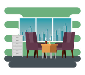 hot coffee cups in the desk with chairs and file cabinet