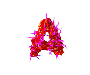 Red scary slime with pink tentacles isolated on white background - letter A of scary alien alphabet, 3D illustration of symbols