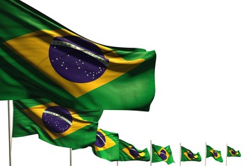 Fototapeta na wymiar beautiful many Brazil flags placed diagonal isolated on white with place for your content - any celebration flag 3d illustration..