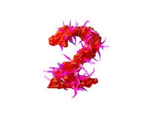 Fototapeta premium Red awful slime with pink tentacles isolated on white background - number 2 of awful space alphabet, 3D illustration of symbols