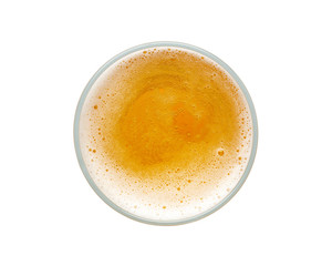 beer bubbles in glass cup on white background. top view.