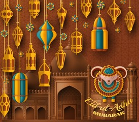 Eid Ul Adha Background. Islamic Arabic lanterns and sheep. Greeting card. Festival of the Sacrifice. Vector illustration.