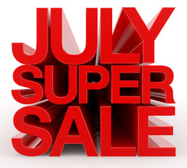 JULY SUPER SALE red word on white background illustration 3D rendering