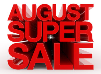 AUGUST SUPER SALE red word on white background illustration 3D rendering