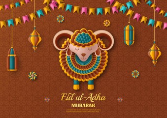 Eid Ul Adha Background. Islamic Arabic lanterns and sheep. Greeting card. Festival of the Sacrifice. Vector illustration.