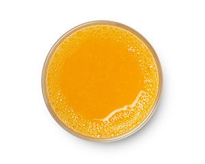 glass of fresh orange juice isolated on white background, top view