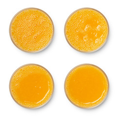 Glass of fresh orange juice assortment top view collection isolated on white background.