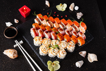 sushi set on the black background