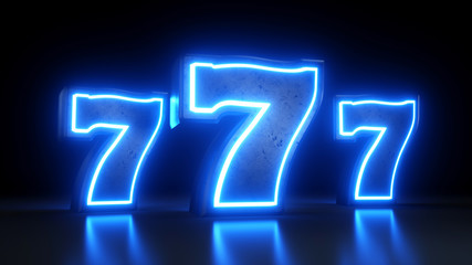 Slots 777 Casino Jackpot Symbol With Neon Blue Lights Isolated On the Black Background - 3D Illustration - obrazy, fototapety, plakaty