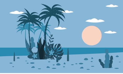 Fototapeta na wymiar Tropical landscape ocean beach sunset palm trees, plants flora background