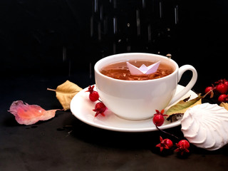 Autumn leaves and red berries with a white cup of tea on a dark background