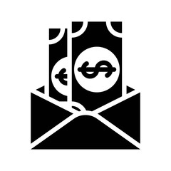 dollar currency envelope gift or salary black solid icon in business and investment.