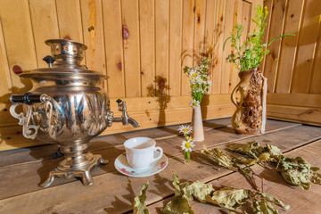 evening in the bath with a samovar in a cozy atmosphere