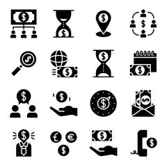 set of dollar currency timer teamwork sallary black solid icon in business or investment.