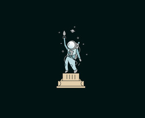 Astronaut Statue of Liberty Icon, Flat Line Art Design illustration.