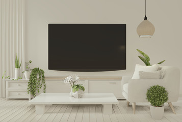 Obraz na płótnie Canvas Interior poster smart tv cabinet and arm chair on room minimal design .3D rendering.