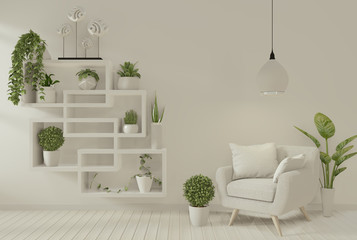 Interior mock up poster armchair and decoration plants in living room mock up design. 3D rendering.