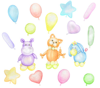 a donkey, a cat, a Hippo, balloons. cet,  is cute. Watercolor drawing. a balloon toy. Holiday card.