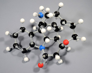 Molecule model of Strychnine. Black is Carbon, Red is Oxygen, White is Hydrogen, Blue is Nitrogen