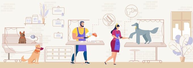 Groomers Grooming Dogs in Pet Salon Flat Vector