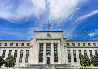 Fototapeta na wymiar US Flag Eccles Federal Reserve Board Bank Building Washington DC