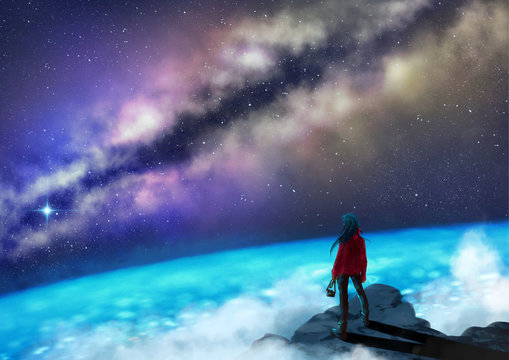Young woman with ohotocamera standing on a mountain top gazing at the glowing milkyway - digital painting - Fantasy Concept