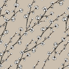 Seamless black and white pattern of decorative flowers. Cute twigs. Print for fabric and other surfaces. illustration drawn by hand with ink and black pen. Abstract summer pattern.Grey background.