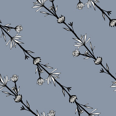 Seamless abstract pattern of decorative flowers. Cute sprigs of wild flowers. A print for fabric and other surfaces. illustration drawn by hand with ink and black pen. Abstract summer pattern.