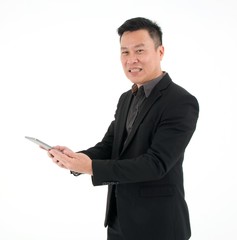 Portrait of businessman look at tablet to search information isolated on white background