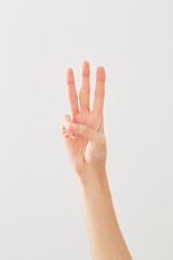 Woman hand showing peace three on white