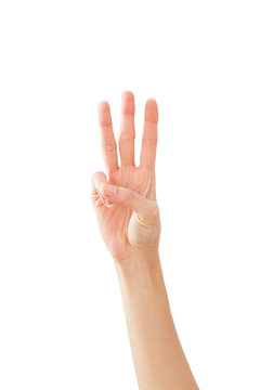 Woman hand showing peace three on white